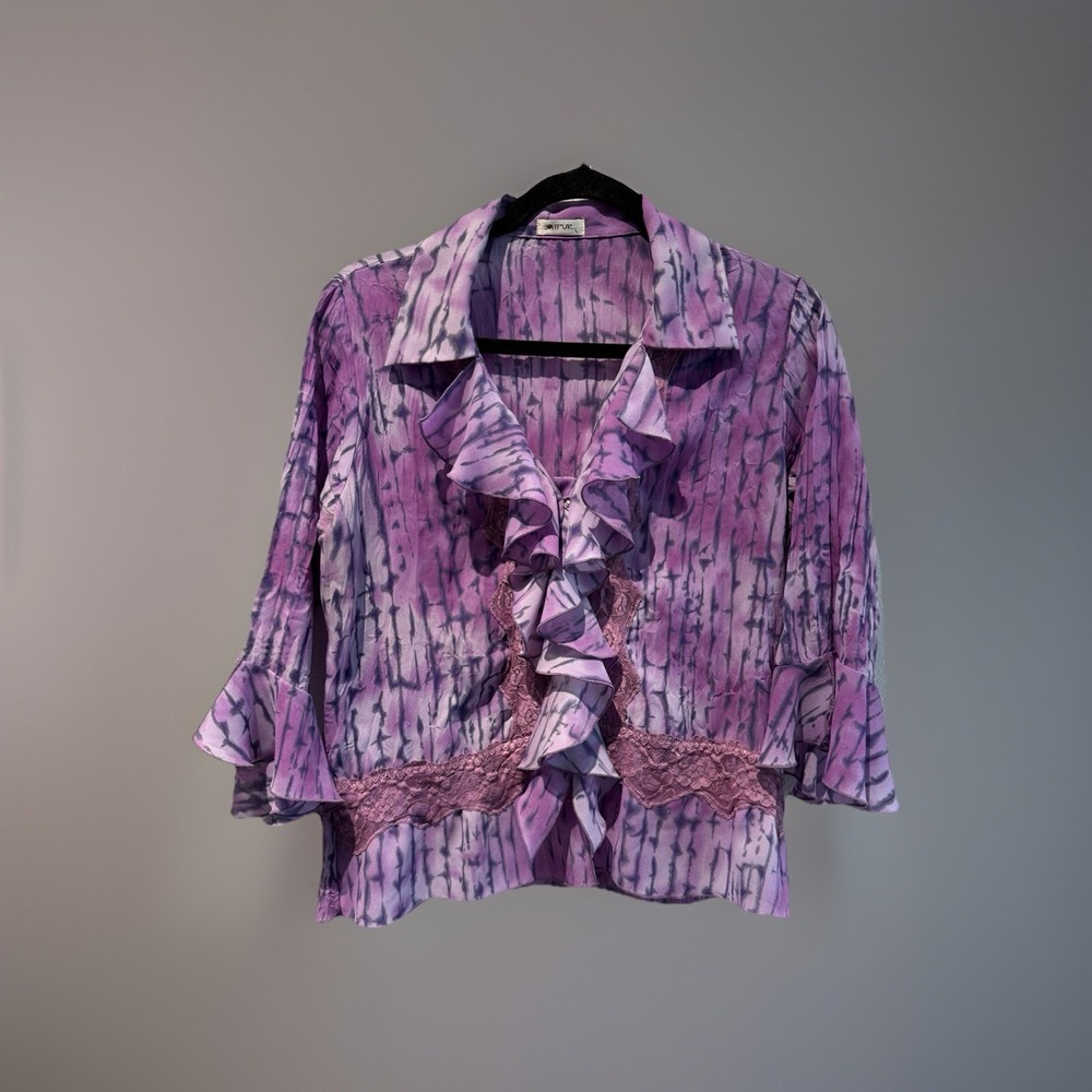 Vintage Jaipur Purple Print Top Flare Lace Sleeve Romantic Fairy Y2K‎ Size Large